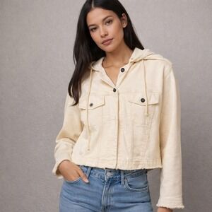 Bella Dahl Cream Hooded Cropped Jacket French Terry Denim Style S